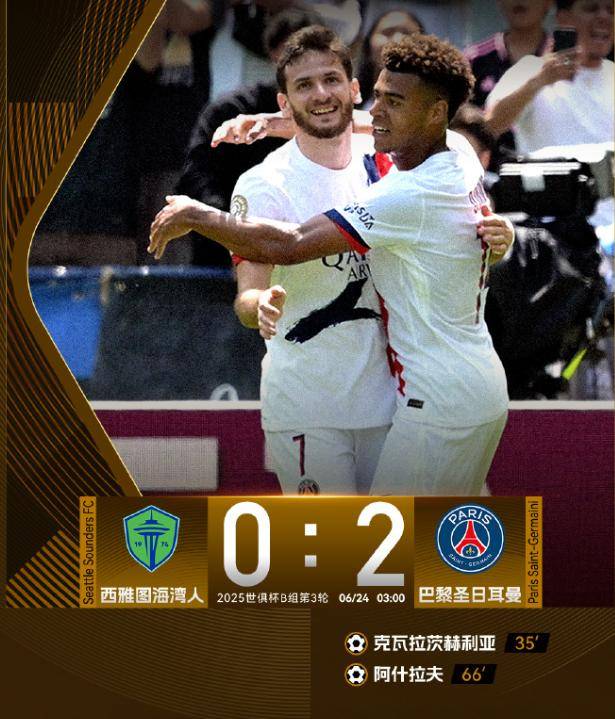 太稳了！大巴黎2-0西雅图海湾人，排名第一晋级1